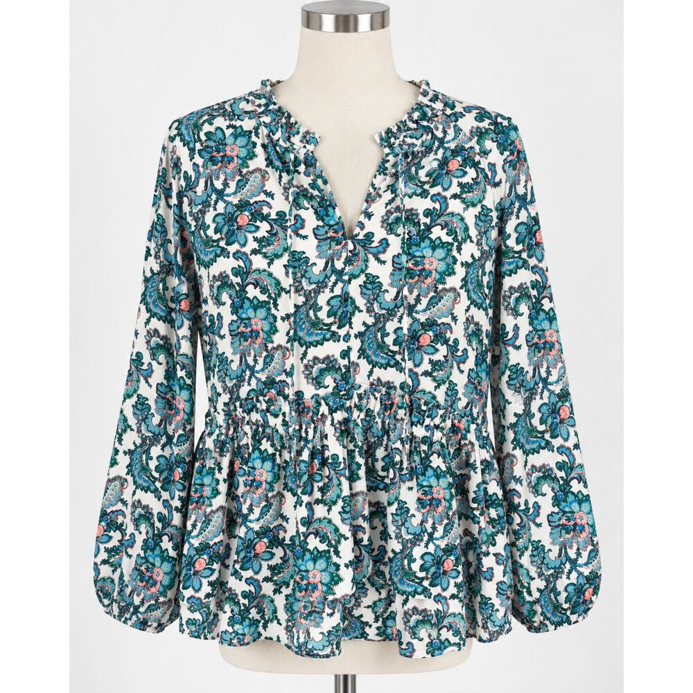 NWT Loft Whisper White Bohemian Dream Paisley Split Neck Peplum Blouse Size M